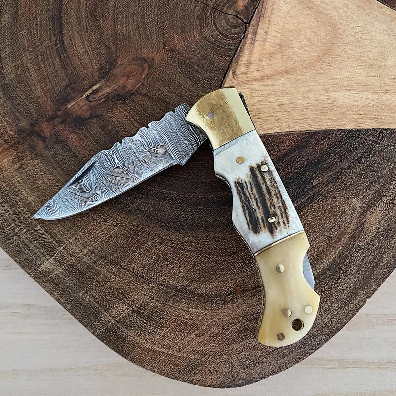 Damascus Folding Knife Stag Handle w Leather Sheath
