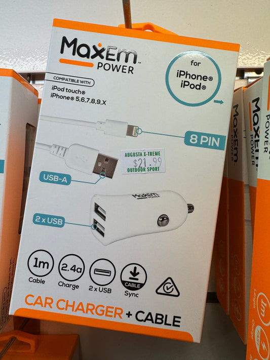 Maxem 2 Port USB-A Car Charger and 1 iPhone 8 Pin Cable