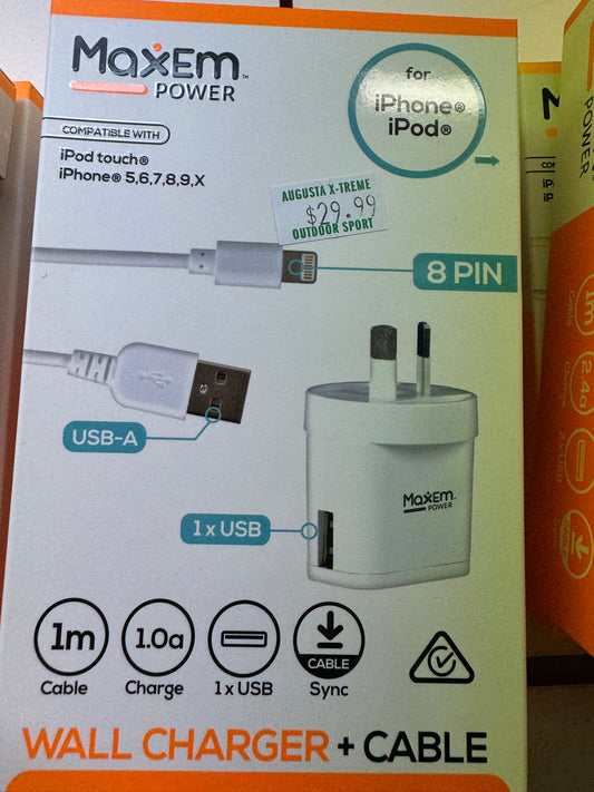 Maxem USB-A Wall Charger with Cable to 8 Pin