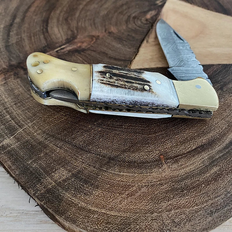 Damascus Folding Knife Stag Handle w Leather Sheath