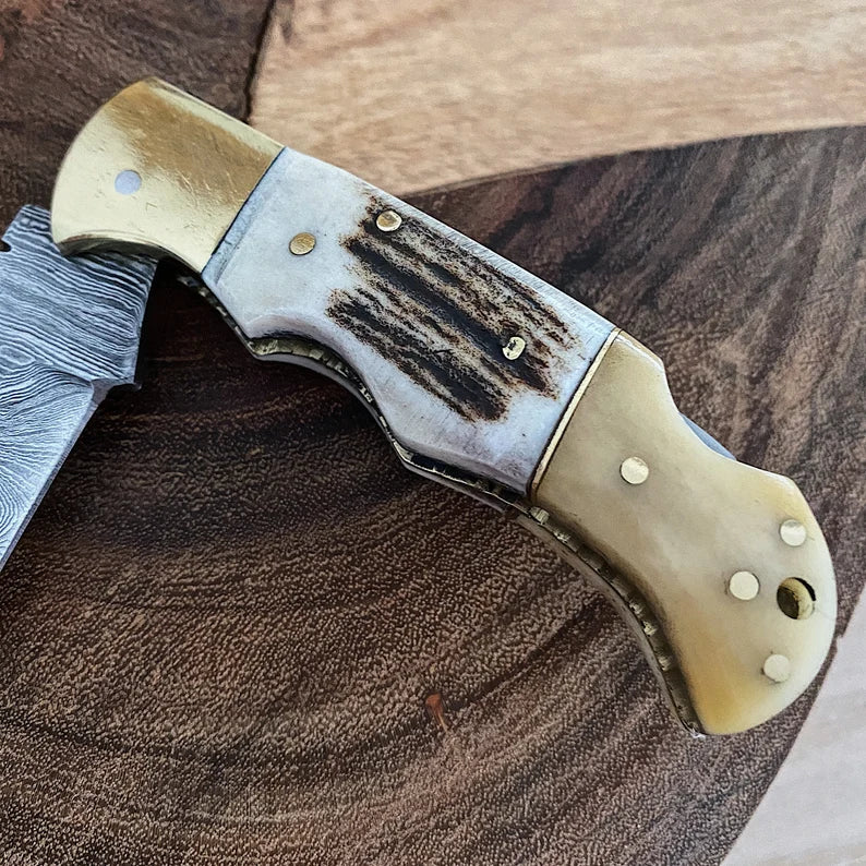 Damascus Folding Knife Stag Handle w Leather Sheath