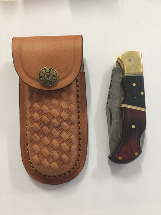 Damascus Wood/Horn Gold Handle Pocket Knife with Sheath